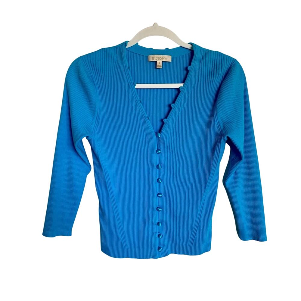 Etcetera Modern Chic V-Neck Rib Exposed Button Quarter Sleeve Capsule Cardigan
